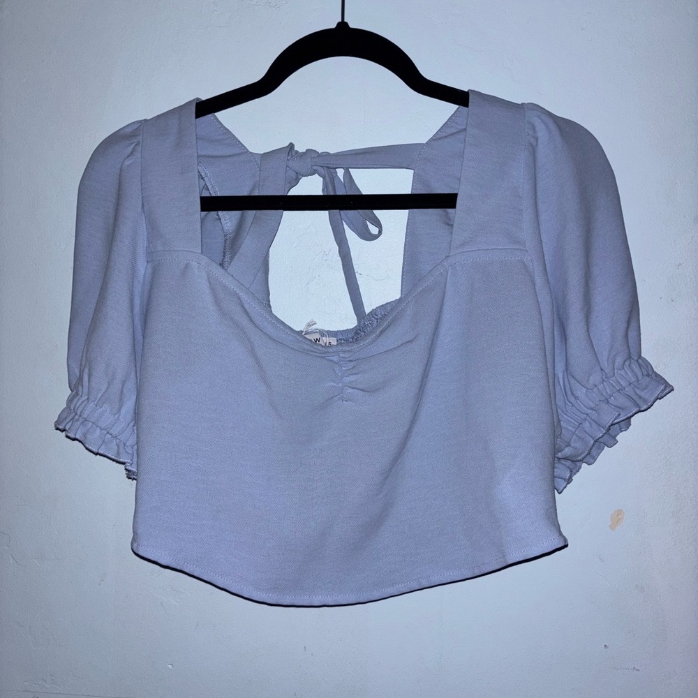 Blue Puff Sleeve Crop Top with Smocked Tie Back